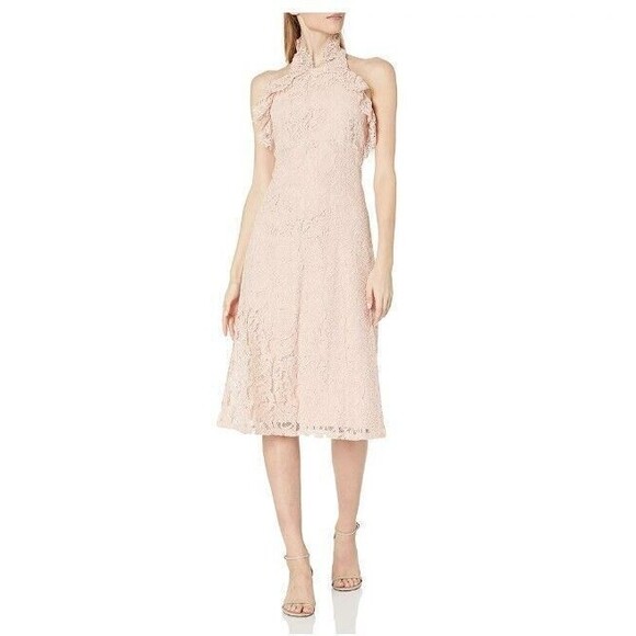 NWT NANETTE LEPORE Plus Sz 16 LACE HALTER MIDI DRESS RUFFLE NECK BLUSH PINK - Picture 1 of 6